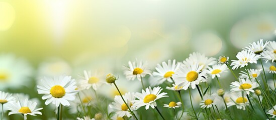 Sticker - Chamomile flowers in a field against a blurred green background with ample copy space image