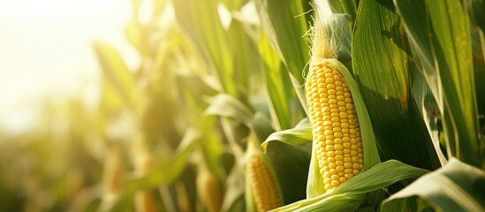 Wall Mural - Closeup of corn on the stalk in a serene corn field with ample copy space image available