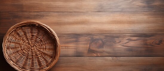 Poster - Top view of a wicker basket on rustic wood background with copy space image