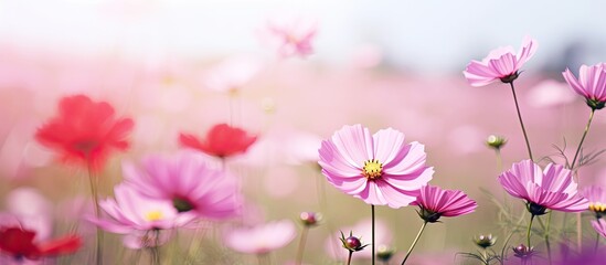 Sticker - Vibrant cosmos flower in a field with a blurred natural backdrop featured in selective focus copy space image