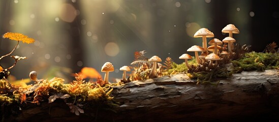 Wall Mural - An autumn scene with mushrooms on a weathered tree stump with copy space image
