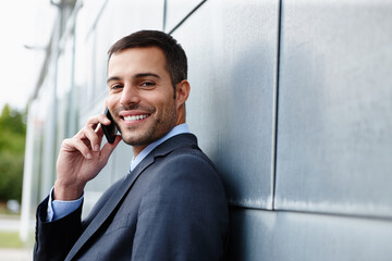 Sticker - Phone call, portrait or businessman by building talking for conversation, chat or deal communication. Outdoor, proud banker or happy financial advisor networking for investment, negotiation or news