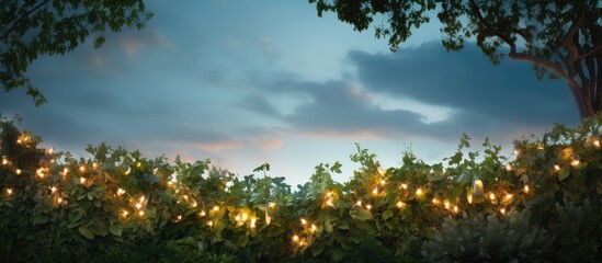 Wall Mural - in the background a garland of lamps shines against a backdrop of the sky and foliage with a copy sp