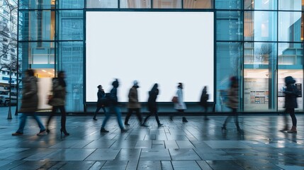 Outdoor blank billboard sign board poster with people passing by. 