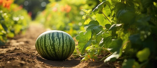 Wall Mural - Watermelon in the garden during autumn s harvest season with a selective focus on the fruit creating a visually appealing image with copy space