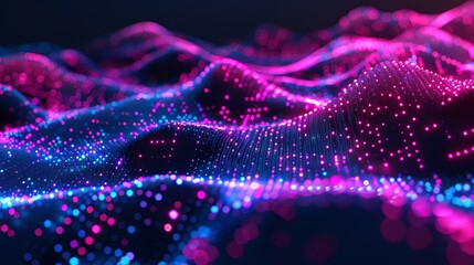 3d render of abstract background with pink and blue glowing dots on dark wavy surface