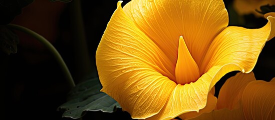 Poster - detailed close up view of a vibrant yellow pumpkin flower with ample copy space image