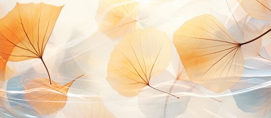 Wall Mural - delicate skeleton leaves with a transparent appearance are scattered on a vibrant abstract backdrop 