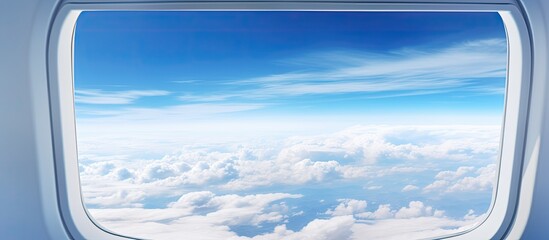 Poster - A picturesque view of the clear blue sky with fluffy white clouds captured through an airplane window with copy space image