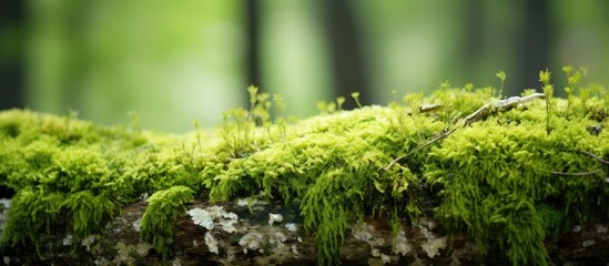 Wall Mural - Close up texture of green moss on forest ground with tree bark turf foliage and lichen creating a detailed macro backdrop with a copy space image