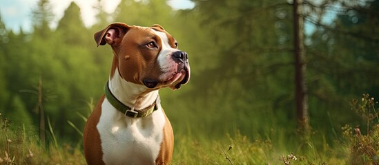 Wall Mural - A purebred American bulldog female is outdoors with a green background creating a beautiful copy space image
