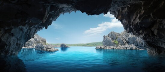 Wall Mural - Scenic view of a turquoise lake framed by a cave with available copy space image