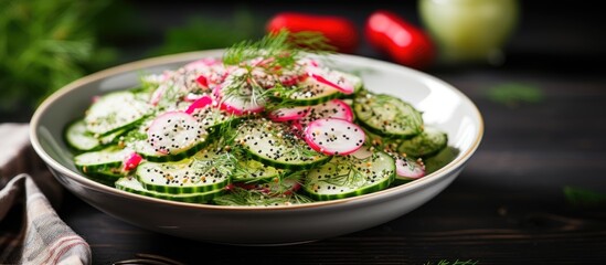 Wall Mural - Radish and cucumber salad sprinkled with sesame seeds and dill shown in copy space image