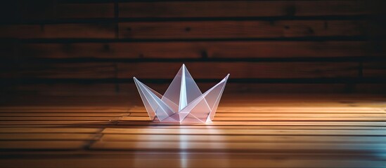 Wall Mural - An adorable origami paper boat displayed on a wooden surface with a clear copy space image available