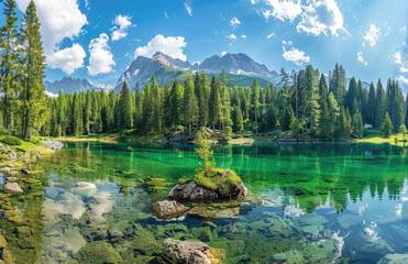 Wall Mural - A picturesque scene of the clear, emerald green lake with intricate waters reflecting the surrounding forest and mountains under bright blue skies.
