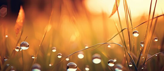 Poster - Scenic sunset sky in warm hues reflected in raindrop dappled grass creating a lovely natural background with copy space image