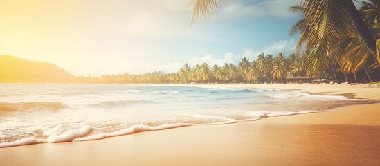 Wall Mural - Blurry tropical beach scene with bokeh light waves and vintage color tones creating a summer background ideal for outdoor holiday and travel concepts with ample copy space image