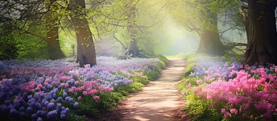 Wall Mural - Scenic woodland landscapes decorated with vibrant spring flowers create a picturesque setting ideal for a serene walk or a nature themed copy space image