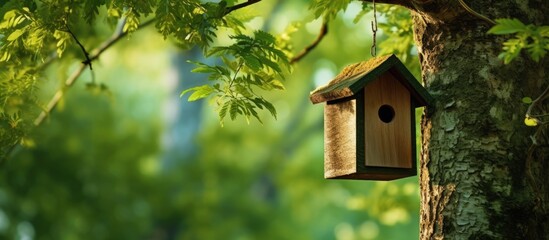 Wall Mural - A bird box is attached to a tree trunk surrounded by branches and vibrant green leaves creating a tranquil setting with ample copy space image