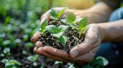 Wall Mural - Hands holding plant, Agriculture business growth technology concept 