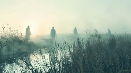 Wall Mural - wispy ethereal figures hover just out of reach guiding travelers deeper into the marshes.