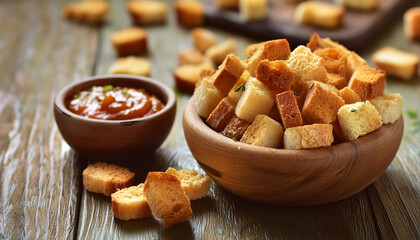 Homemade baked crispy croutons and sauce. Bruschetta crackers. Tasty bread snack. Delicious food.