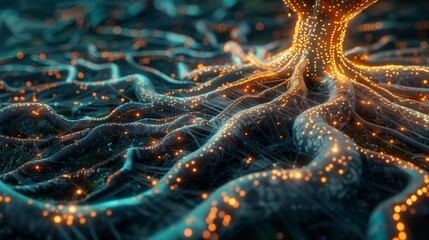 Abstract digital tree roots with glowing lights, symbolizing networks and connections in technology and biology. Futuristic and organic design.