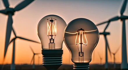 Poster - Light bulb next to wind turbines.