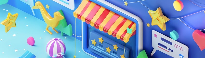 Colorful 3D illustration featuring a playful storefront with stars, camels, and playful elements in a whimsical blue background.