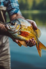 Wall Mural - The fisherman holds a fish in his hands. Selective focus.