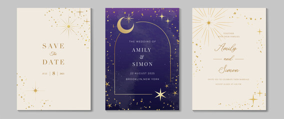 Wall Mural - Elegant invitation card design vector. Luxury wedding card with firework, glitter spot, watercolor on light and purple background. Design illustration for cover, wallpaper, gala, VIP, happy new year.