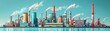 © Preeyanuch - Colorful industrial factory complex with smoking chimneys, vibrant pipes, and silos, set against a clear sky reflected in calm water.