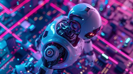 Wall Mural - Futuristic cyborg robot with advanced AI on a neon-lit circuit board background, showcasing the technology and innovation behind robotics.