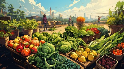 Bustling farmers market with fresh produce, flat design, top view, vibrant theme, water color, complementary color scheme