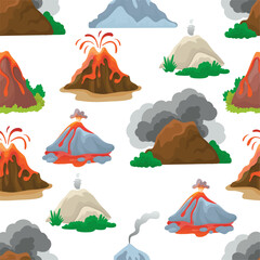 Poster - Volcano seamless pattern. Volcanoes eruption process with fires and lava. Natural disasters print design for wrapping and textile, neoteric vector background