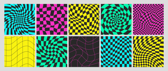 Wall Mural - Square psychedelic checkerboard acid backgrounds with warped swirl grid tile, wavy lines. Twisted checkered seamless pattern in trendy y2k style. Distorted chessboard cover set with distortion effect.