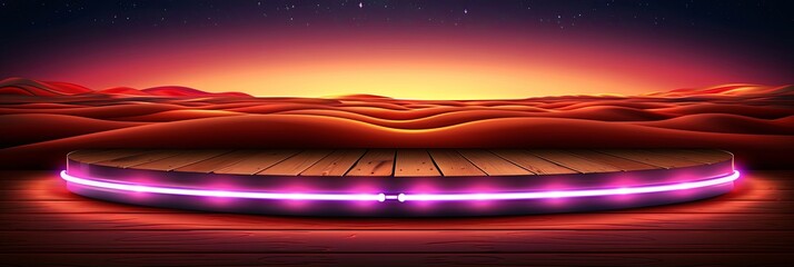 Wall Mural - A large wooden stage with a purple lighted strip running around it