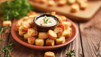 Wall Mural - Homemade baked crispy croutons and sauce. Bruschetta crackers. Tasty bread snack. Delicious food.