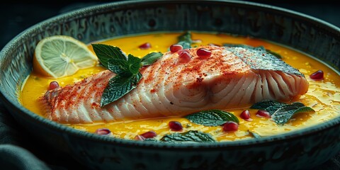 Wall Mural - A bowl of fish with lemon and parsley on top