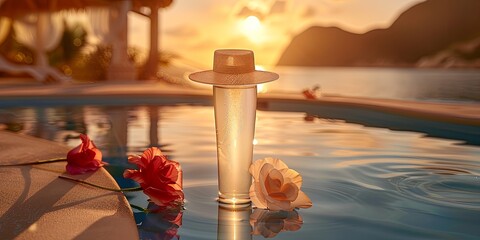 Poster - A glass of liquid with a flower on top of it is floating in a pool