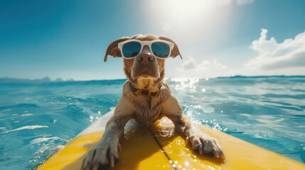 Wall Mural - Cute dog wearing sunglasses on a surfboard in the ocean with a blue sky and sun rays. Summer vacation concept.