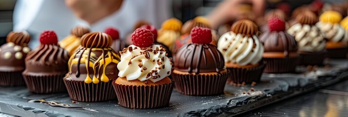 Wall Mural - A tray of cupcakes with different frostings and toppings, including chocolate