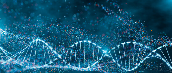 Wall Mural - dna double helix with sparkling nodes in a dynamic blue environment. genomic sequencing, molecular b