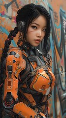 Wall Mural - Cybernetic Warrior in Graffiti-Adorned Cyber Armor Wielding Futuristic Device