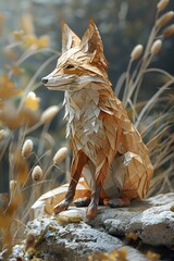 Sticker - Delicate Paper-Craft Fox Figure with Intricate Details in Earthy Tones