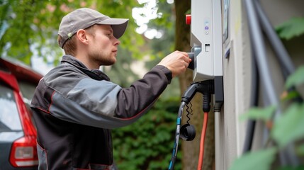 A technician in high-visibility clothing installs an electric vehicle charger, contributing to the infrastructure of sustainable transportation. AIG41