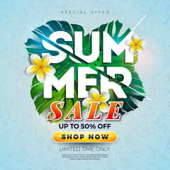 Wall Mural - Summer Sale Design with Flower, Beach Holiday Elements and Exotic Leaves on Blue Background. Tropical Floral Vector Illustration with Special Offer Typography for Coupon, Voucher, Banner, Flyer