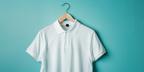 Wall Mural - A white polo shirt hanging neatly on a blue wall. Mockup template for design print
