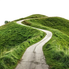 country road and green mountains in summer. abstract road with green grass with trees and plants, mountains. Isolated on white background. Village Road with tree and fog and curved road isolated.