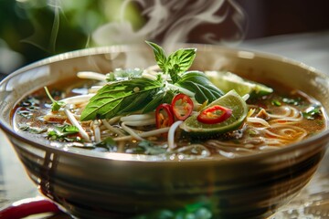 Wall Mural - A closeup of a bowl filled with Pho Bo soup, topped with fresh vegetables, resting on a table